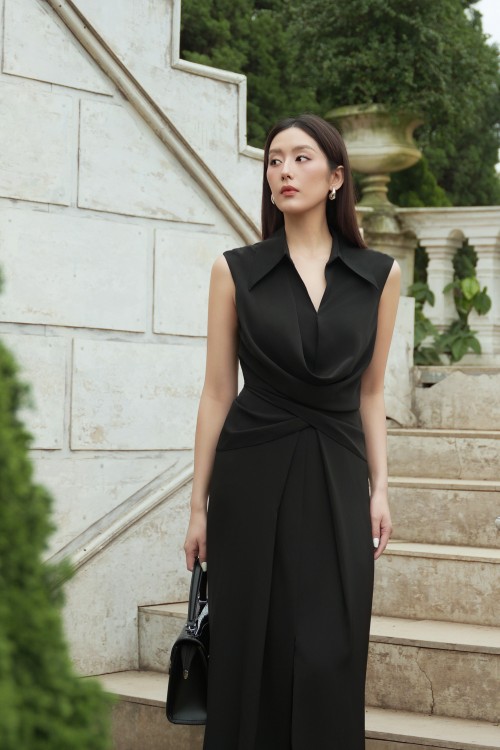 Sixdo Black Silk Sarong Dress